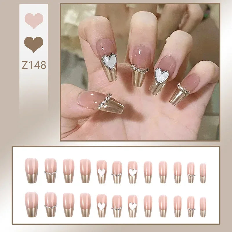 Carsine 24pcs/box Fake Nails Press on Reusable with Designs Set French Artificial Aurora Diamond False Tipsy Stick-on Nails Tips Art Z148