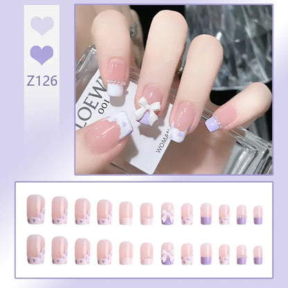 Carsine 24pcs/box Fake Nails Press on Reusable with Designs Set French Artificial Aurora Diamond False Tipsy Stick-on Nails Tips Art Z126