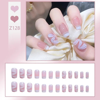 Carsine 24pcs/box Fake Nails Press on Reusable with Designs Set French Artificial Aurora Diamond False Tipsy Stick-on Nails Tips Art Z128