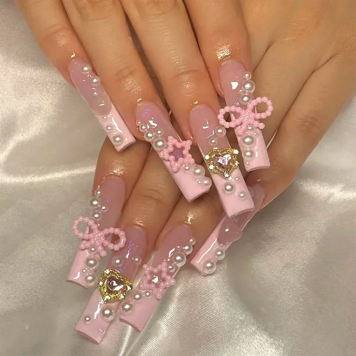 Carsine 24Pcs Pink Bow Design False Nails Long Ballet Press on Nails with Pearl Wearable Coffin Fake Nails French Square Finger Nail 51-99