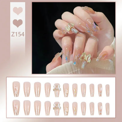 Carsine 24pcs/box Fake Nails Press on Reusable with Designs Set French Artificial Aurora Diamond False Tipsy Stick-on Nails Tips Art Z154