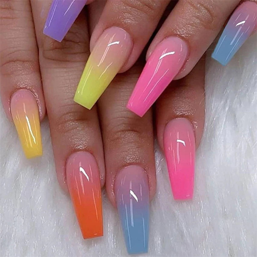 Carsine 24Pcs/Set Acrylic Long Ballet Press on Nail Tips Coffin Wearing Reusable False Nails Art Colorful Glossy Fake Nails Artificial PDJ1008-LF354