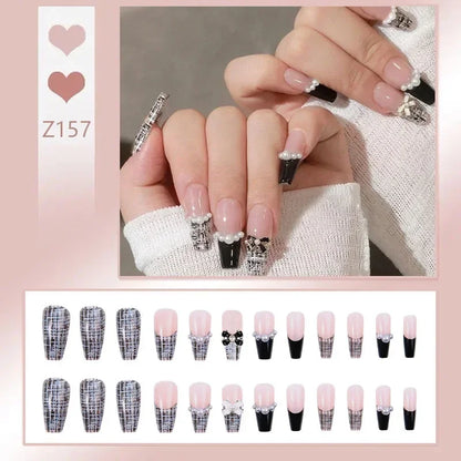 Carsine 24pcs/box Fake Nails Press on Reusable with Designs Set French Artificial Aurora Diamond False Tipsy Stick-on Nails Tips Art Z157