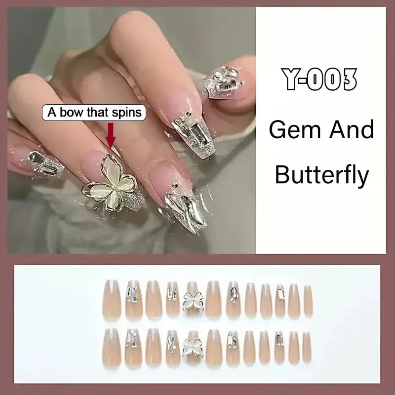 Carsine 24pcs/box Fake Nails Press on Reusable with Designs Set French Artificial Aurora Diamond False Tipsy Stick-on Nails Tips Art 27