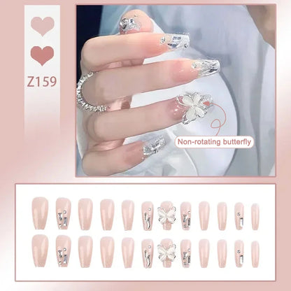 Carsine 24pcs/box Fake Nails Press on Reusable with Designs Set French Artificial Aurora Diamond False Tipsy Stick-on Nails Tips Art