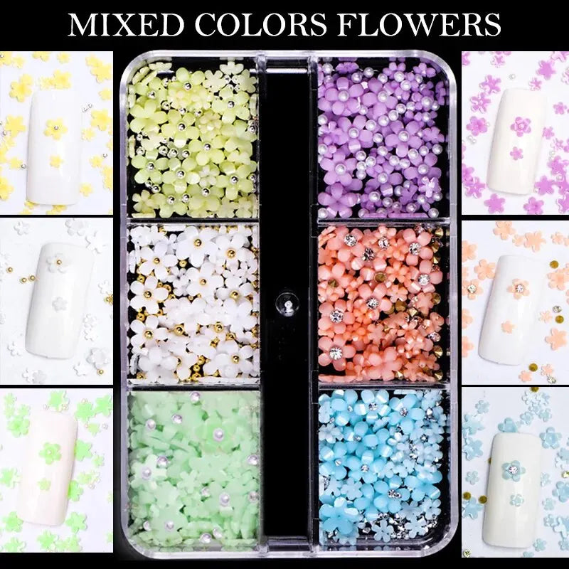 Carsine Hot Selling 6 Grids Macaron 3D Resin Five-petal Flowers Nail Art Deaoration Mixed Small Nail Ball/Crystal/Flamer Accessories Mixed colors