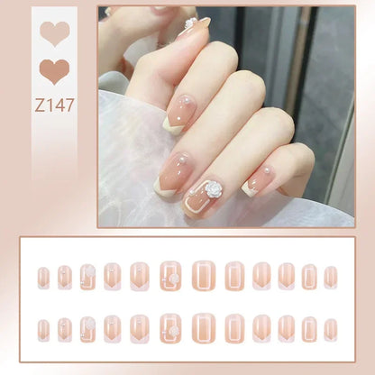 Carsine 24pcs/box Fake Nails Press on Reusable with Designs Set French Artificial Aurora Diamond False Tipsy Stick-on Nails Tips Art Z147