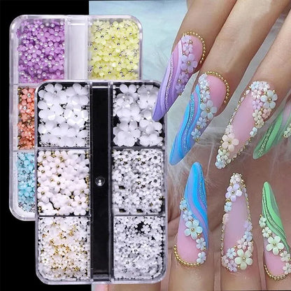 Carsine Hot Selling 6 Grids Macaron 3D Resin Five-petal Flowers Nail Art Deaoration Mixed Small Nail Ball/Crystal/Flamer Accessories