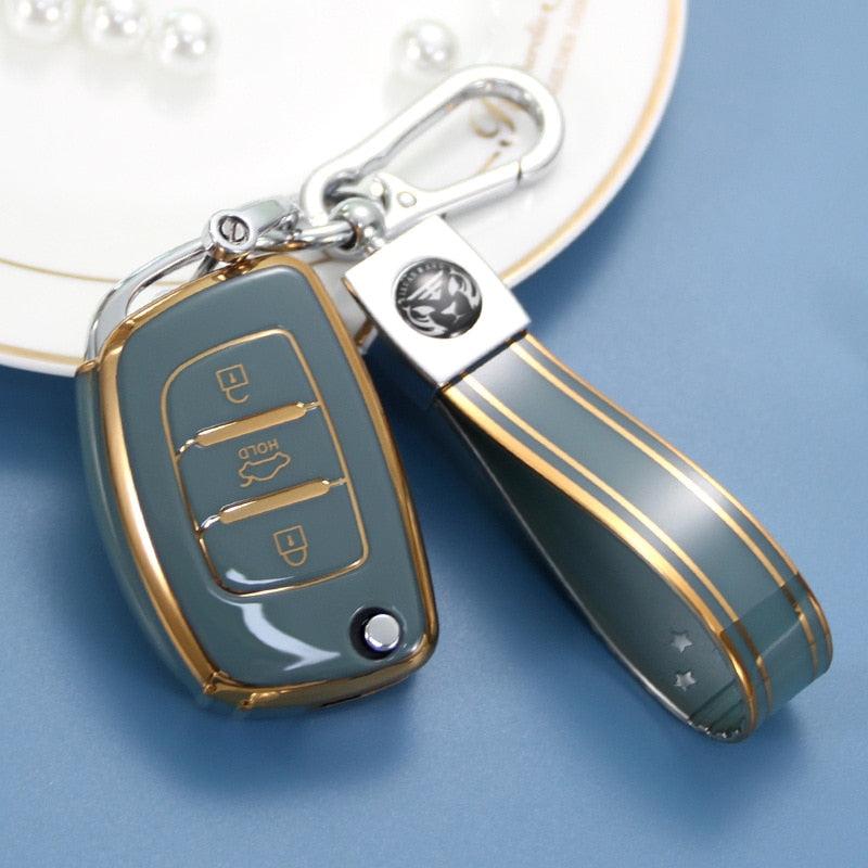 Carsine Hyundai Car Key Case Golden Edge Grey / Key case + strap