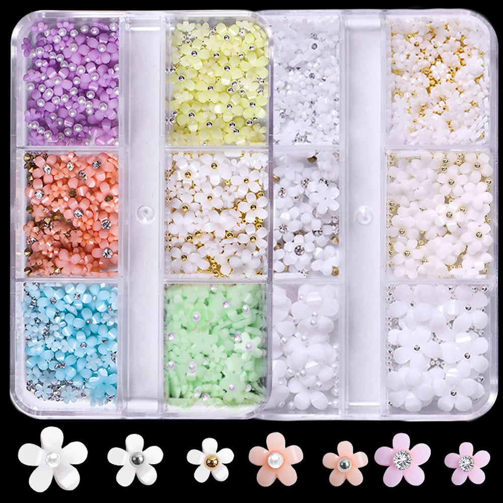 Carsine Hot Selling 6 Grids Macaron 3D Resin Five-petal Flowers Nail Art Deaoration Mixed Small Nail Ball/Crystal/Flamer Accessories