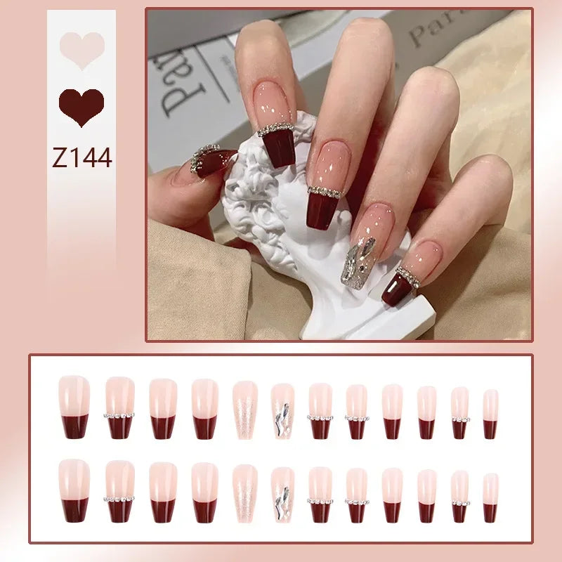 Carsine 24pcs/box Fake Nails Press on Reusable with Designs Set French Artificial Aurora Diamond False Tipsy Stick-on Nails Tips Art Z144