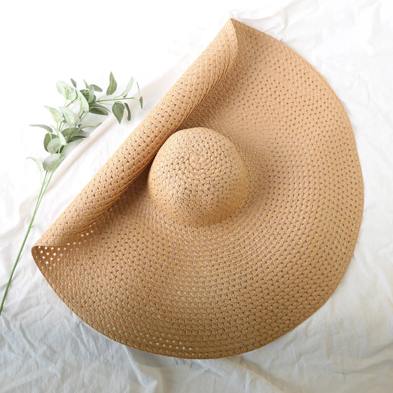 Carsine 70 cm/27 in Oversized Wide Brim Sun Hat Women's Khaki (openwork) / 54-57cm/21-22in