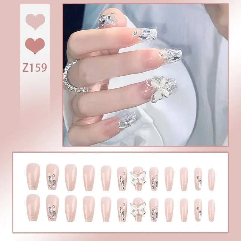 Carsine 24pcs/box Fake Nails Press on Reusable with Designs Set French Artificial Aurora Diamond False Tipsy Stick-on Nails Tips Art Z159