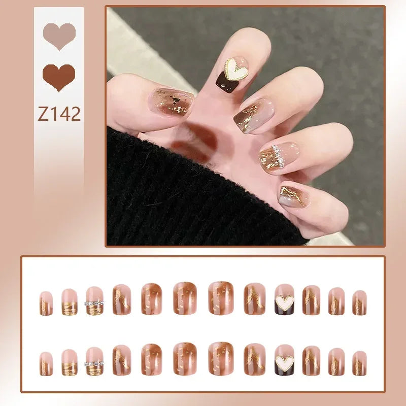 Carsine 24pcs/box Fake Nails Press on Reusable with Designs Set French Artificial Aurora Diamond False Tipsy Stick-on Nails Tips Art Z142