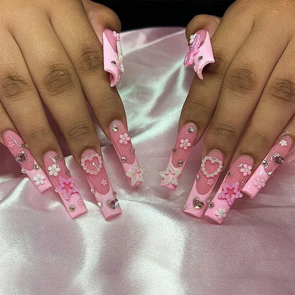 Carsine 24Pcs Pink Bow Design False Nails Long Ballet Press on Nails with Pearl Wearable Coffin Fake Nails French Square Finger Nail 70-48