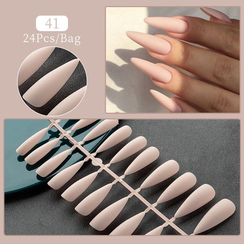 Carsine 24pcs Sweet Summer Fake Nails Patches Pink Glitter Nude Press on Nails Women Wearable Nail Art Stickers Full Finished False Nail 41