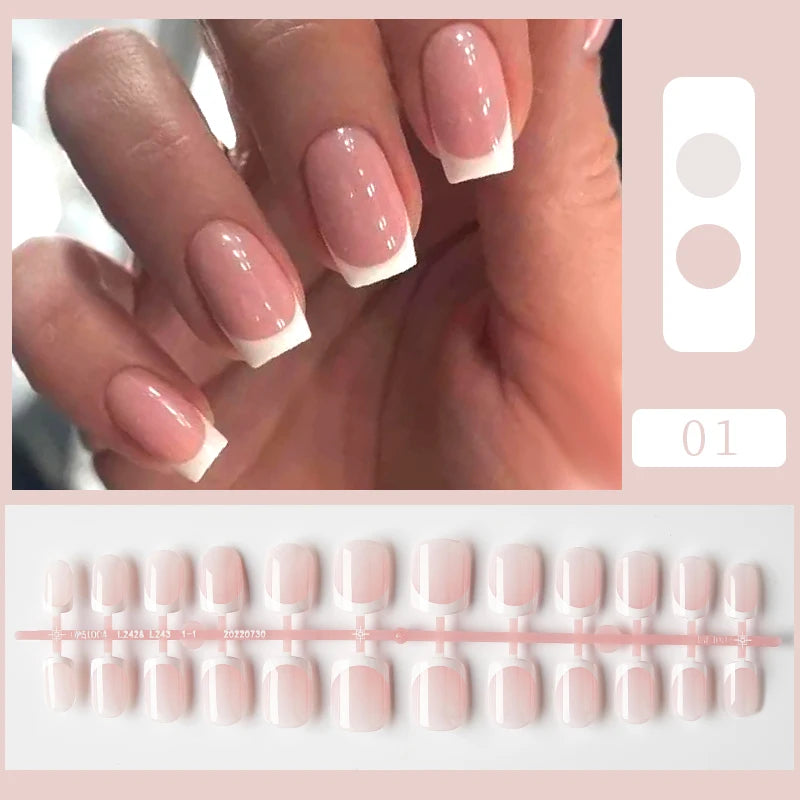 Carsine 24pcs Sweet Summer Fake Nails Patches Pink Glitter Nude Press on Nails Women Wearable Nail Art Stickers Full Finished False Nail Pattern-H01