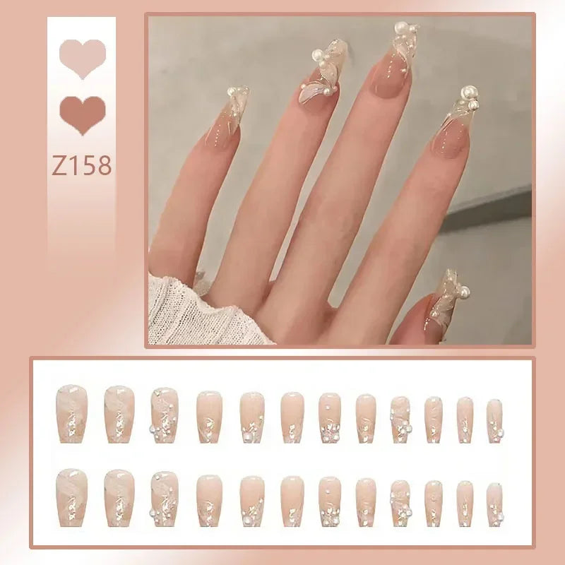 Carsine 24pcs/box Fake Nails Press on Reusable with Designs Set French Artificial Aurora Diamond False Tipsy Stick-on Nails Tips Art Z158