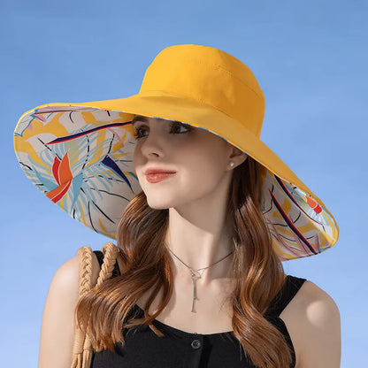 Carsine 18 cm/7 in Oversized Wide Brim Sun Hat Women's Double sided -Yellow / 55-60 cm/22-24 in