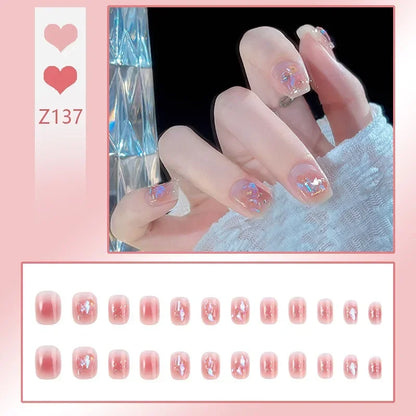 Carsine 24pcs/box Fake Nails Press on Reusable with Designs Set French Artificial Aurora Diamond False Tipsy Stick-on Nails Tips Art Z137