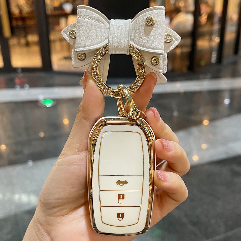 Carsine Toyota Car Key Case Golden Edge White / Key case + B chain