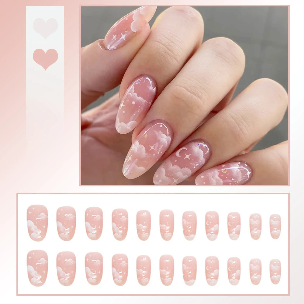 Carsine 24pcs/box Fake Nails Press on Reusable with Designs Set French Artificial Aurora Diamond False Tipsy Stick-on Nails Tips Art 06