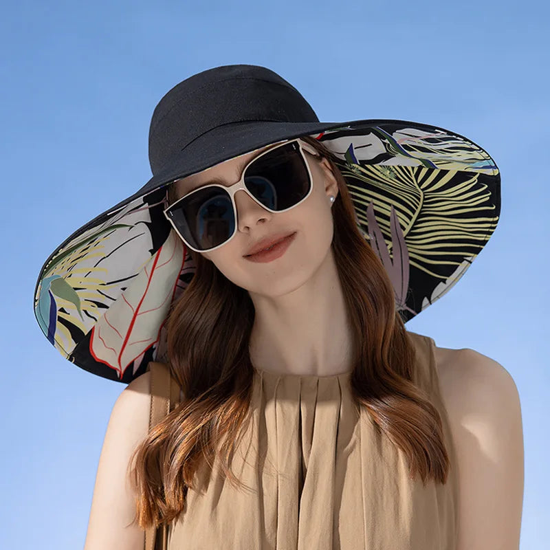 Carsine 18 cm/7 in Oversized Wide Brim Sun Hat Women's Double sided -Black / 55-60 cm/22-24 in