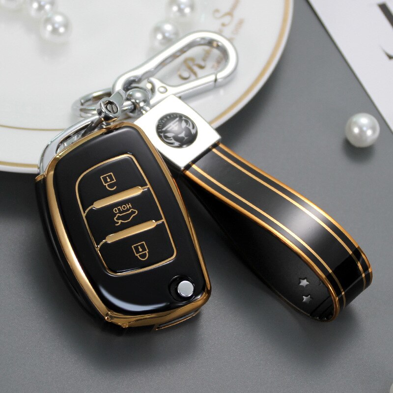 Carsine Hyundai Car Key Case Golden Edge Black / Key case + strap