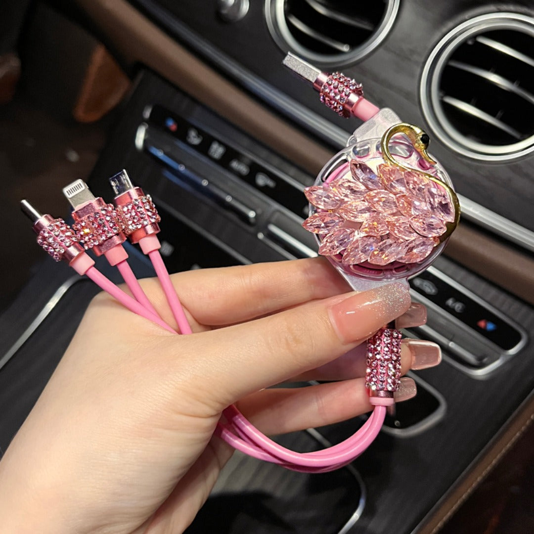 Swan Rhinestone Car Retractable Charging Data Cable