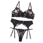 Dreiteiliges Set mit durchsichtigem, besticktem Blumen-Dessous