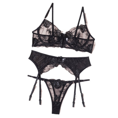 Dreiteiliges Set mit durchsichtigem, besticktem Blumen-Dessous