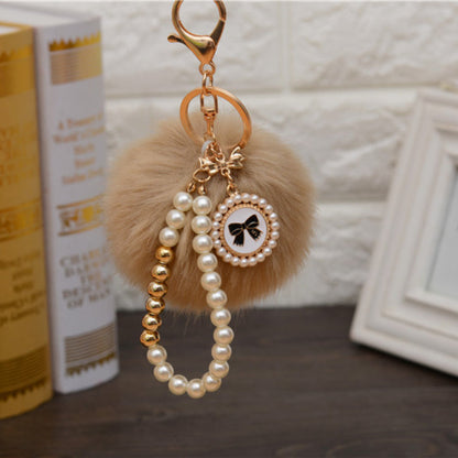 Carsine Fluff Ball Bow Pearl Chain Keychain Light coffee