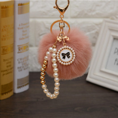 Carsine Fluff Ball Bow Pearl Chain Keychain Light pink