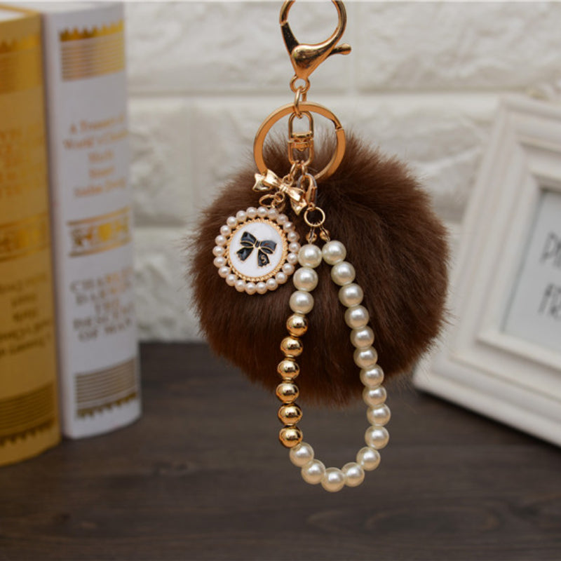 Carsine Fluff Ball Bow Pearl Chain Keychain