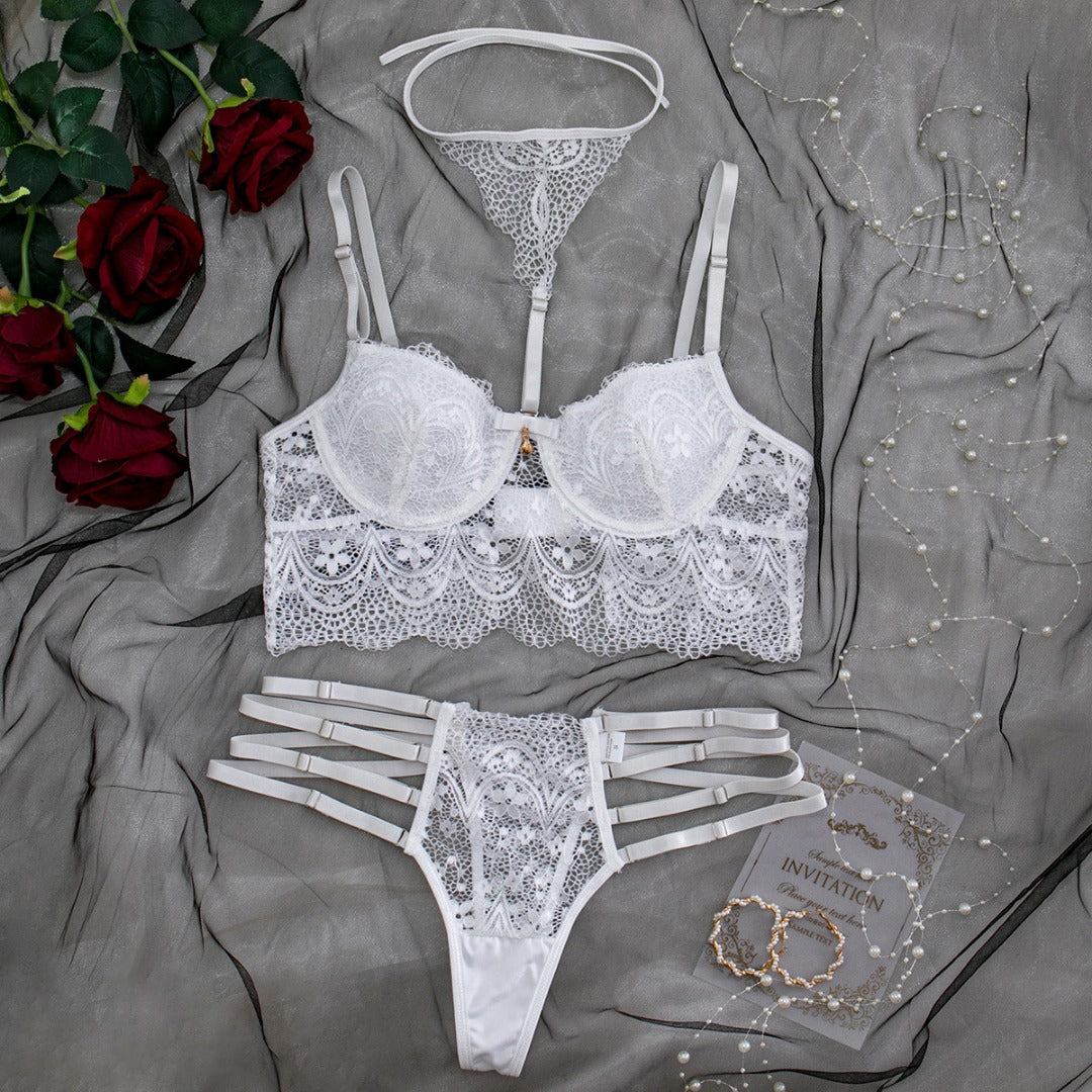 Spitzen-Hosenträger, figurformendes sexy Dessous-Set, 3-tlg.