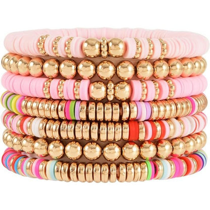 Carsine Surfer Heishi Clay Bead Bracelets for Women Bohemian Stackable Gold Beaded Stretch Bracelets Elastic Layering Friendship Bracelets Gifts Pastel