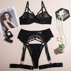 Sexy Dessous-Set mit Strumpfband und besticktem Netzstoff, 4-teilig