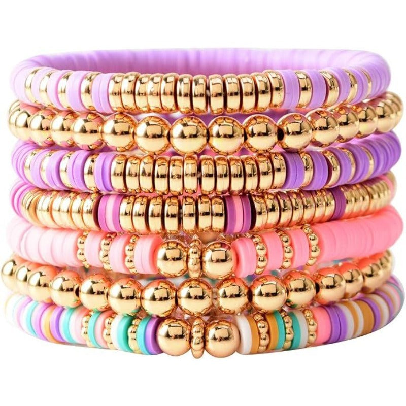 Carsine Surfer Heishi Clay Bead Bracelets for Women Bohemian Stackable Gold Beaded Stretch Bracelets Elastic Layering Friendship Bracelets Gifts Purple powder