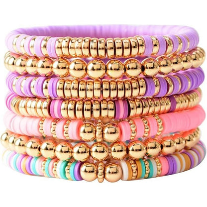 Carsine Surfer Heishi Clay Bead Bracelets for Women Bohemian Stackable Gold Beaded Stretch Bracelets Elastic Layering Friendship Bracelets Gifts Purple powder