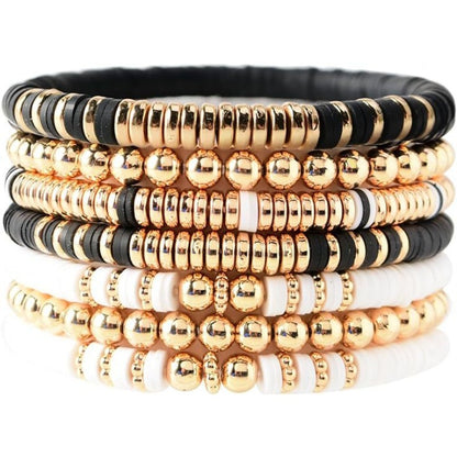 Carsine Surfer Heishi Clay Bead Bracelets for Women Bohemian Stackable Gold Beaded Stretch Bracelets Elastic Layering Friendship Bracelets Gifts Black + White