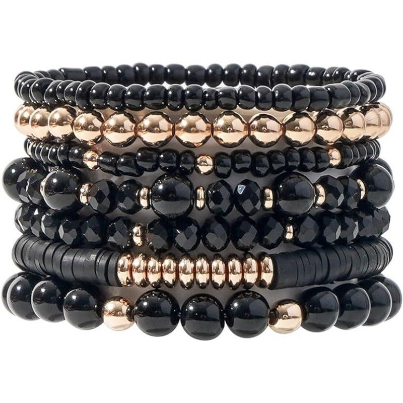 Carsine Surfer Heishi Clay Bead Bracelets for Women Bohemian Stackable Gold Beaded Stretch Bracelets Elastic Layering Friendship Bracelets Gifts Obsidian