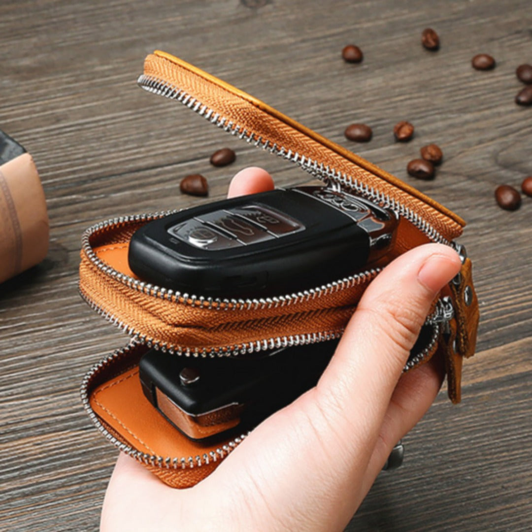 Universelle, doppellagige Autoschlüsseltasche aus Leder mit transparentem Fenster, passend für alle Modelle