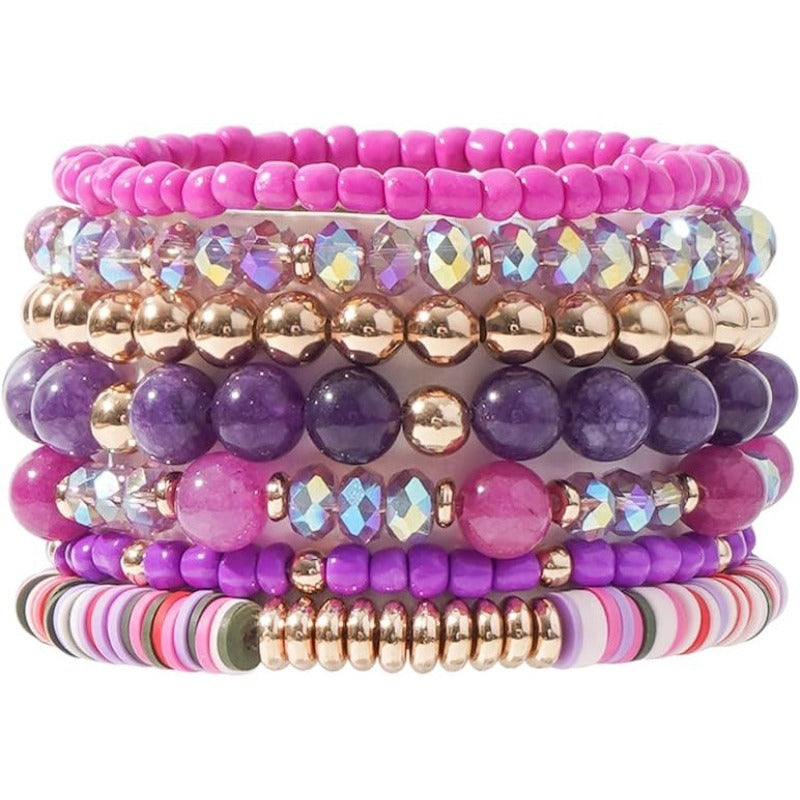 Carsine Surfer Heishi Clay Bead Bracelets for Women Bohemian Stackable Gold Beaded Stretch Bracelets Elastic Layering Friendship Bracelets Gifts Starry Purple