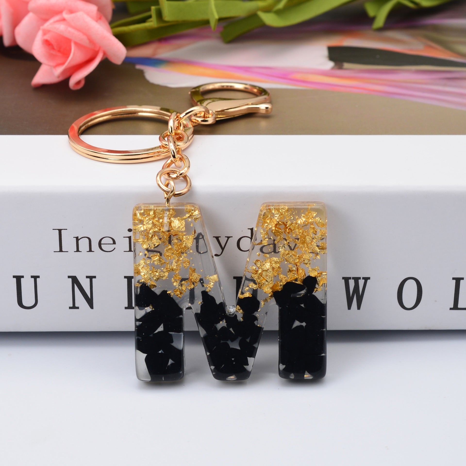 Carsine Black Pompom 26 Alphabets Keychain gold / M