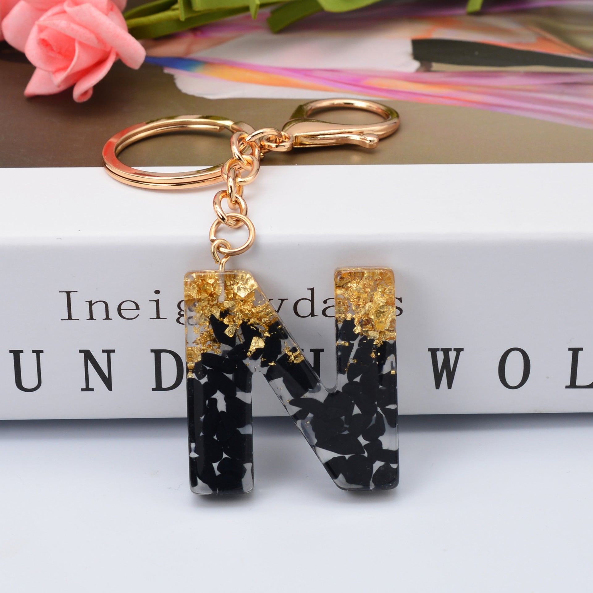 Carsine Black Pompom 26 Alphabets Keychain gold / N