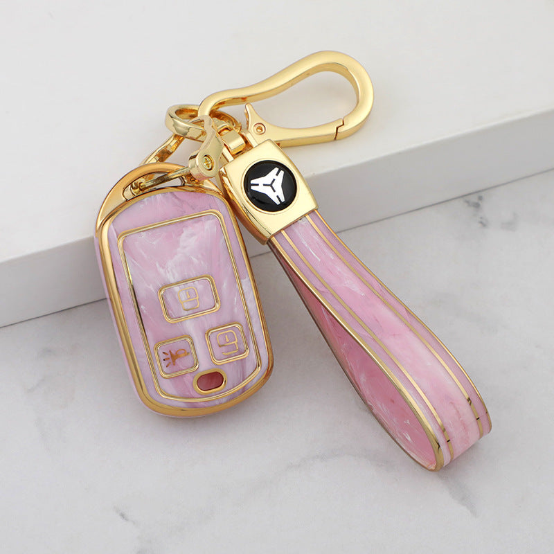 Carsine Hyundai Car Key Case Gold Inlaid With Jade Pink / Key case + strap