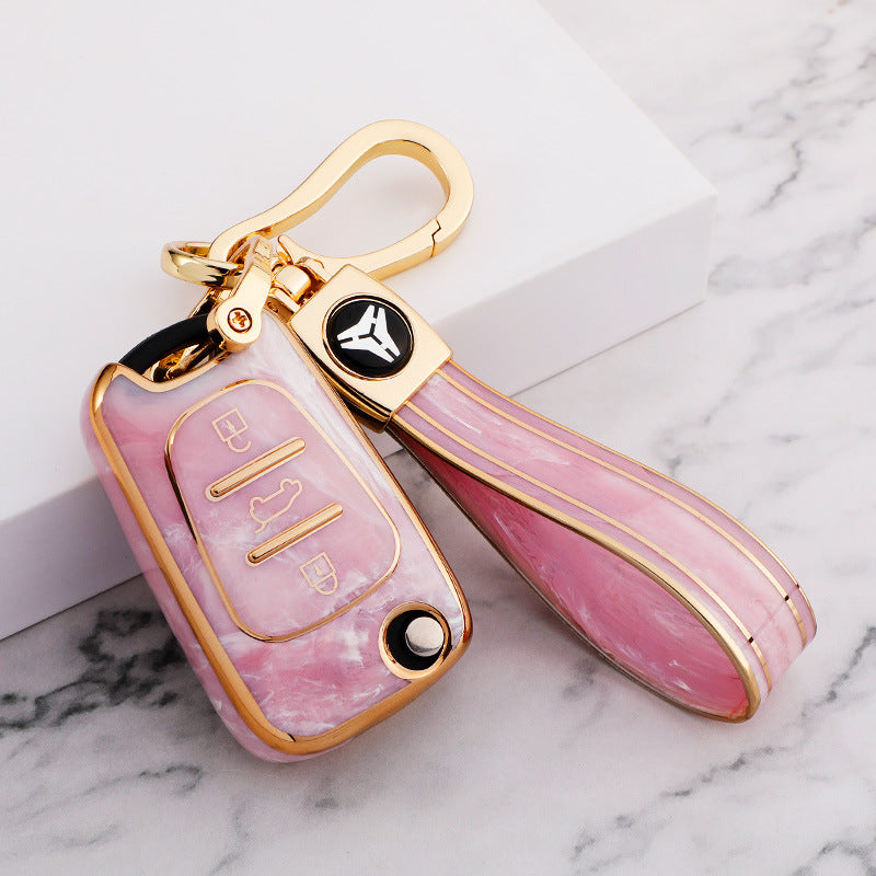 Carsine Hyundai Car Key Case Gold Inlaid With Jade Pink / Key case + strap