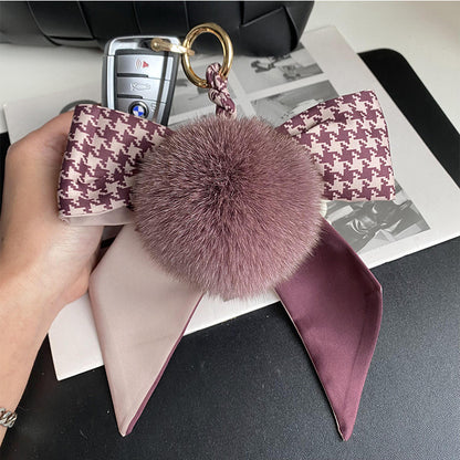 Carsine Fur Ball Silk Bow Keychain J