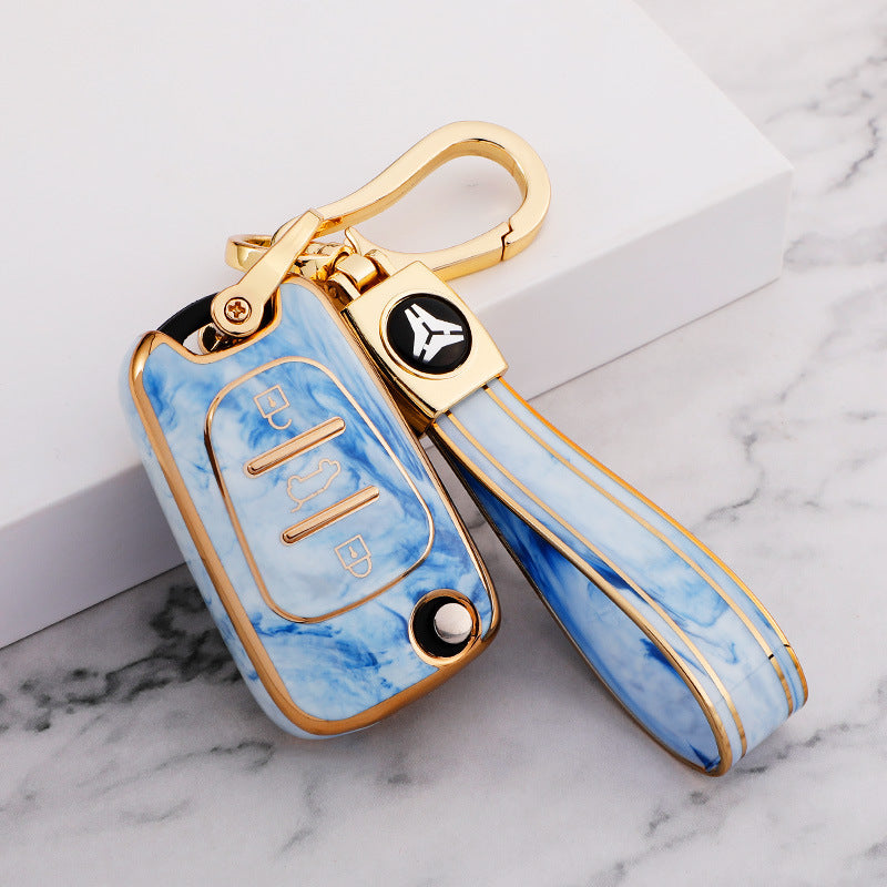 Carsine Hyundai Car Key Case Gold Inlaid With Jade Blue / Key case + strap