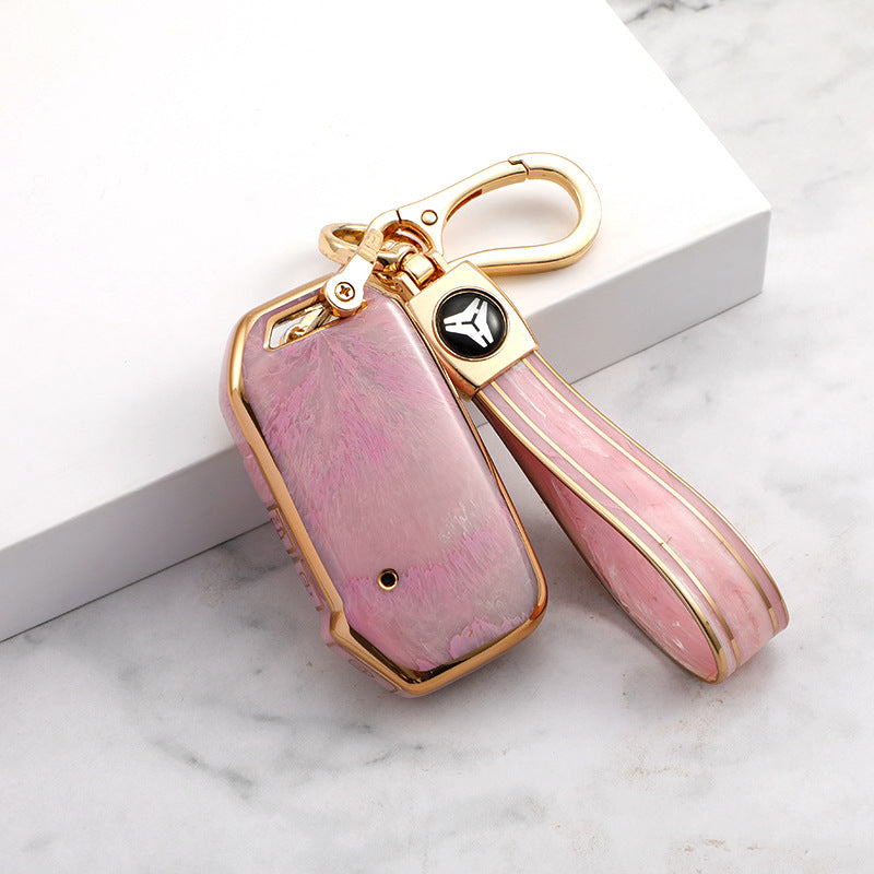 Carsine Kia Car Key Case Gold Inlaid With Jade Pink / Key case + strap